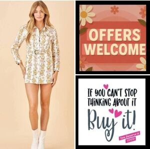 Amazing Lace Wht/Pink/Orange Jean belted Floral Long Sleeve Dress. NWOT Size S